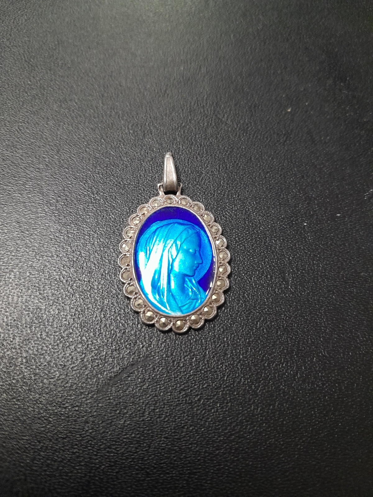 Joy-3629. Virgin Medal In Silver. Enamel Pendant In Blue. 20th Century