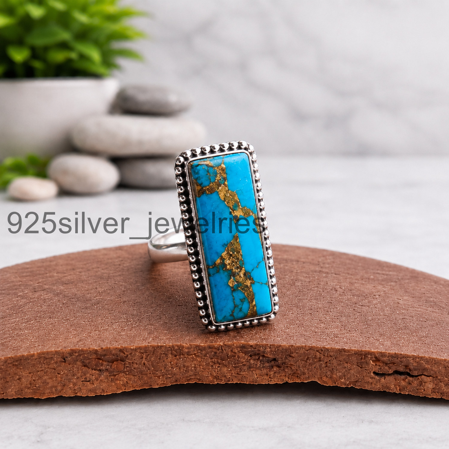 Blue Copper Statement Ring For Woman, 925 Silver Handmade Rectangle Ring MK#005