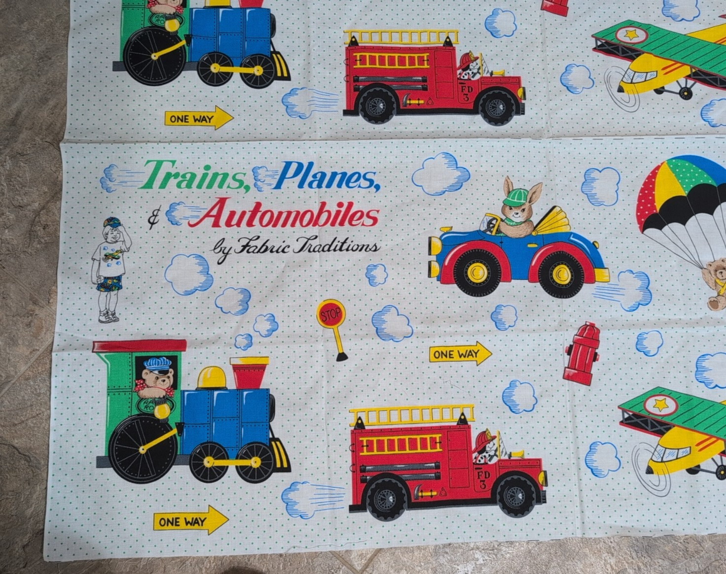 Vtg TRAINS, PLANES & AUTOMOBILES by Fabric Traditions Lot of 2 panels Quilt Kids