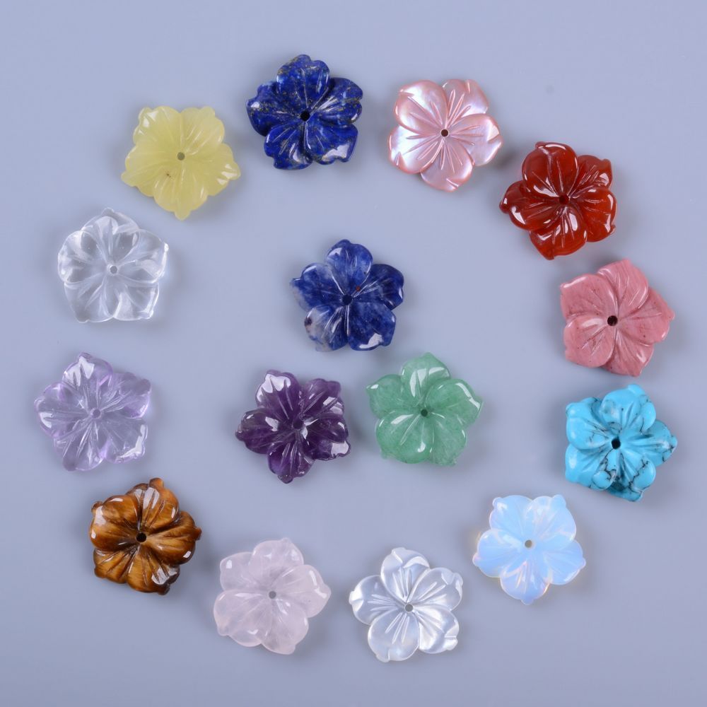 15mm Center drilled Small hand Carved gemstone flower jewelry making DIY beads