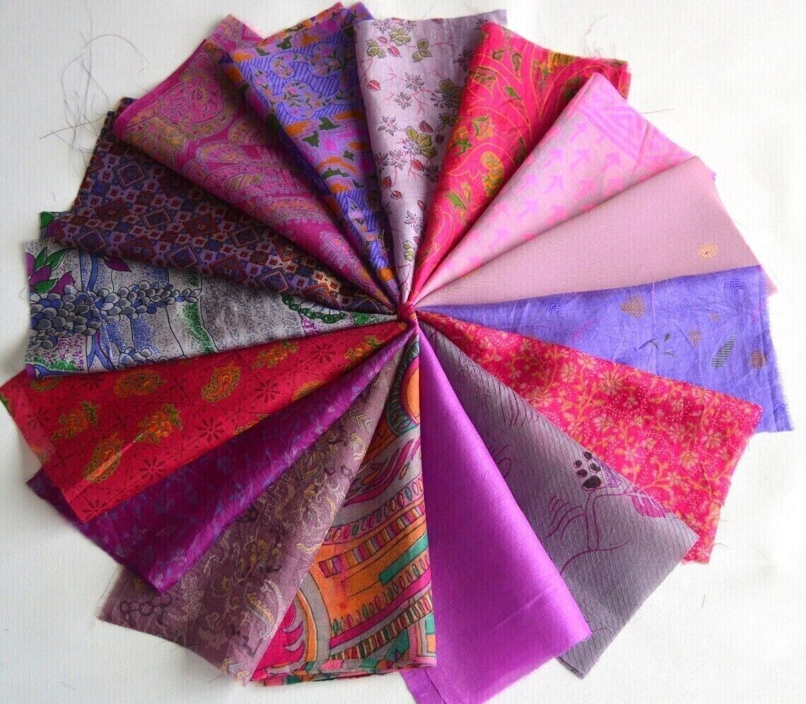 Indian Vintage 25 Pc Of Recycle Silk Sari Remnants/Fabric 8″X8″ Fabric Scraps