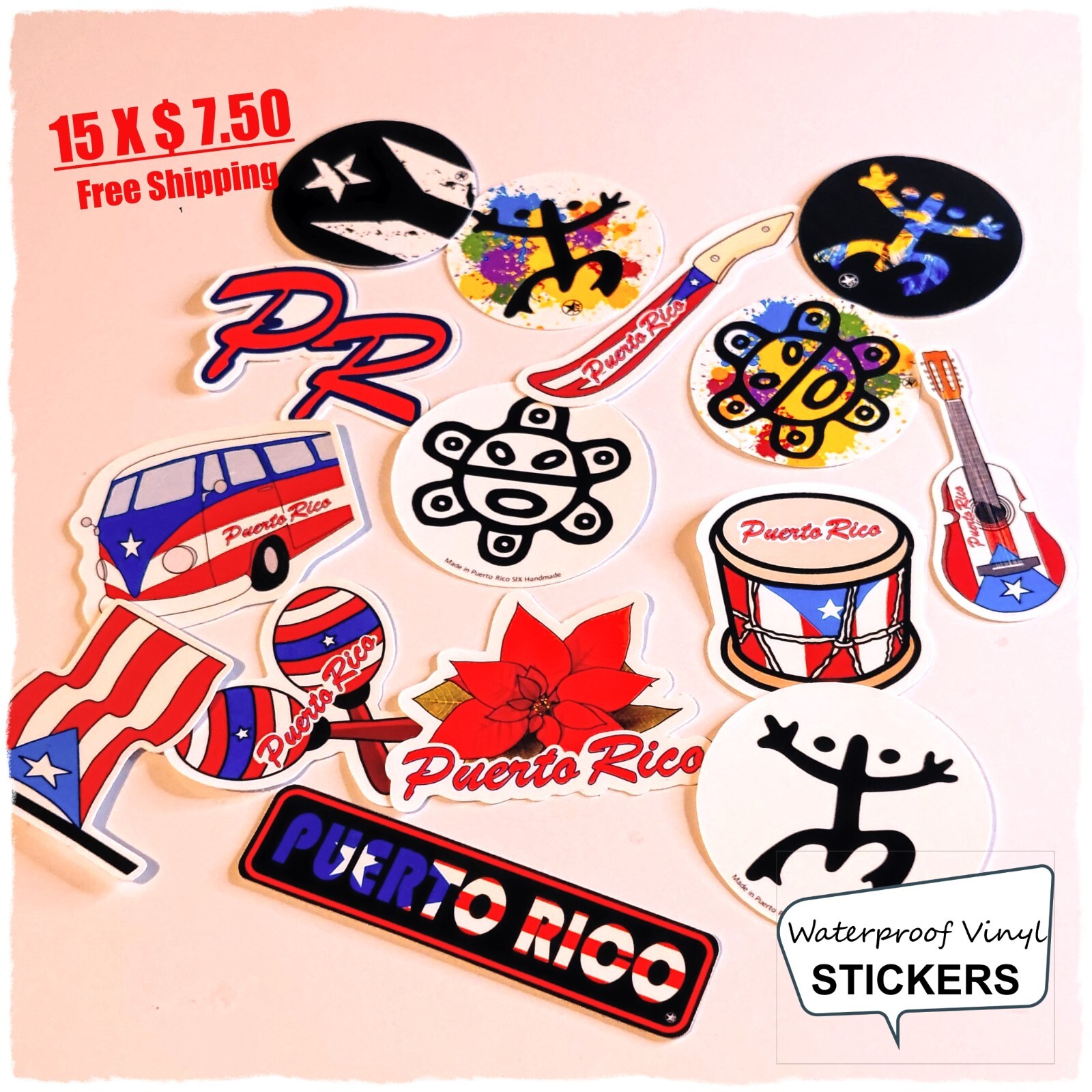 15 Puerto Rico Waterproof Vinyl Stickers (Size 2 Inches Plus )