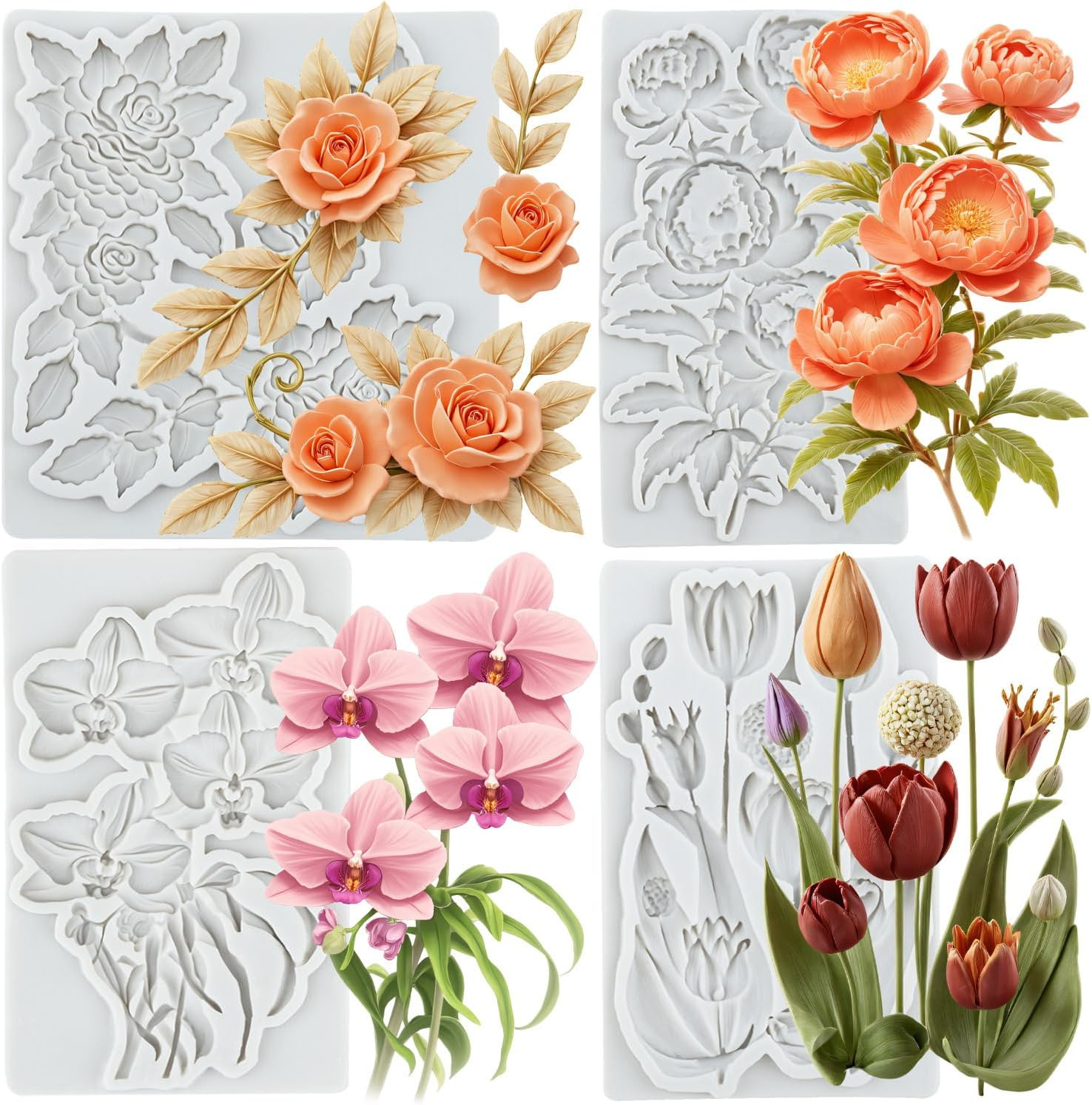 Flower Polymer Clay Mold Tulip Orchid Peony Rose Flower Silicone Molds for DIY C